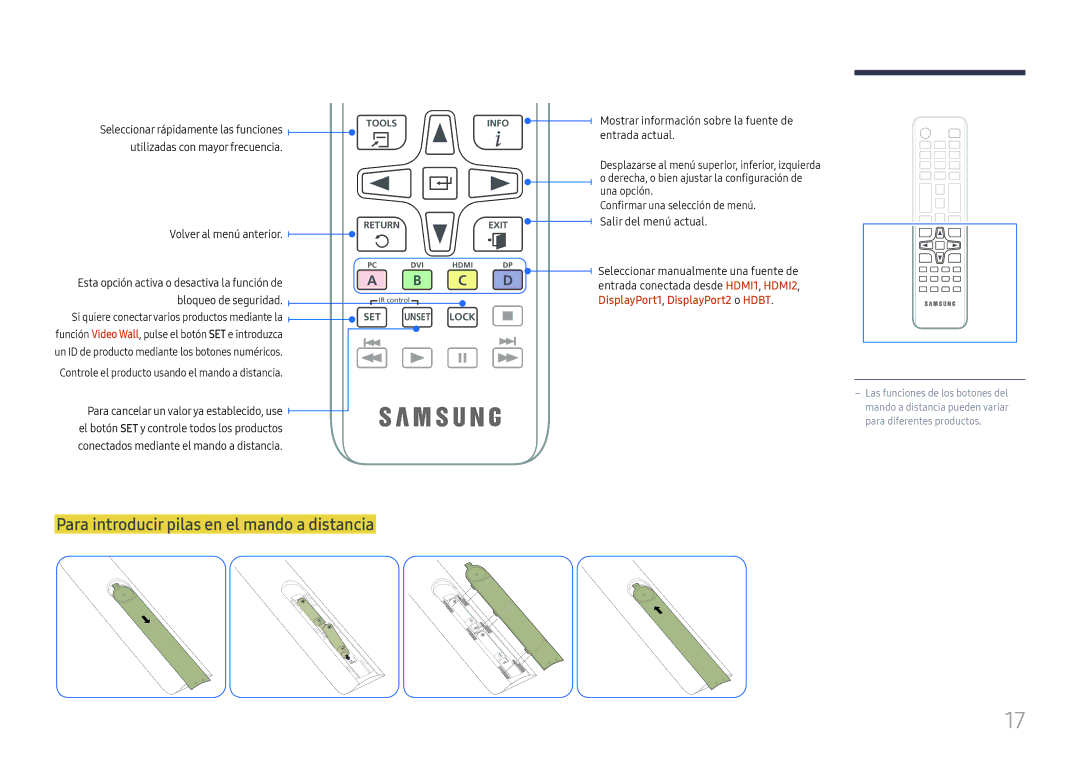 Samsung LH85OHFPLBC/EN manual Para introducir pilas en el mando a distancia, Utilizadas con mayor frecuencia 