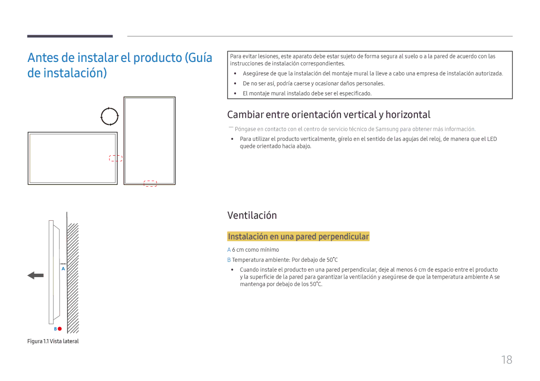 Samsung LH85OHFPLBC/EN Antes de instalar el producto Guía de instalación, Cambiar entre orientación vertical y horizontal 