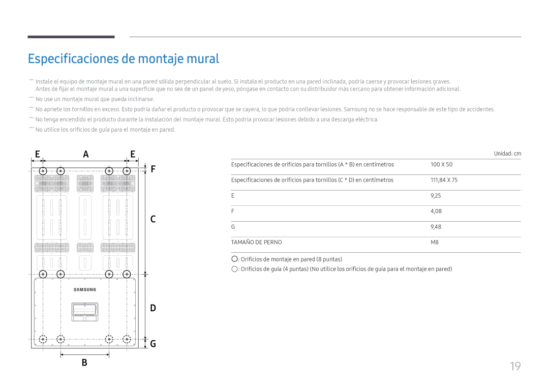 Samsung LH85OHFPLBC/EN manual Especificaciones de montaje mural, Tamaño DE Perno 