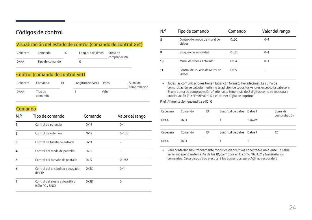 Samsung LH85OHFPLBC/EN manual Códigos de control, Visualización del estado de control comando de control Get, Comando 