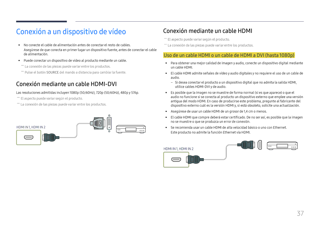 Samsung LH85OHFPLBC/EN manual Conexión a un dispositivo de vídeo, Uso de un cable Hdmi o un cable de Hdmi a DVI hasta 1080p 