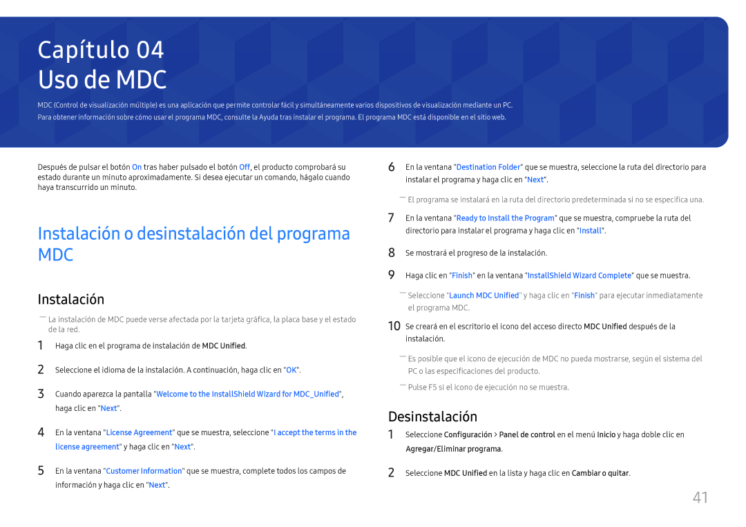 Samsung LH85OHFPLBC/EN manual Uso de MDC, Desinstalación, Agregar/Eliminar programa 