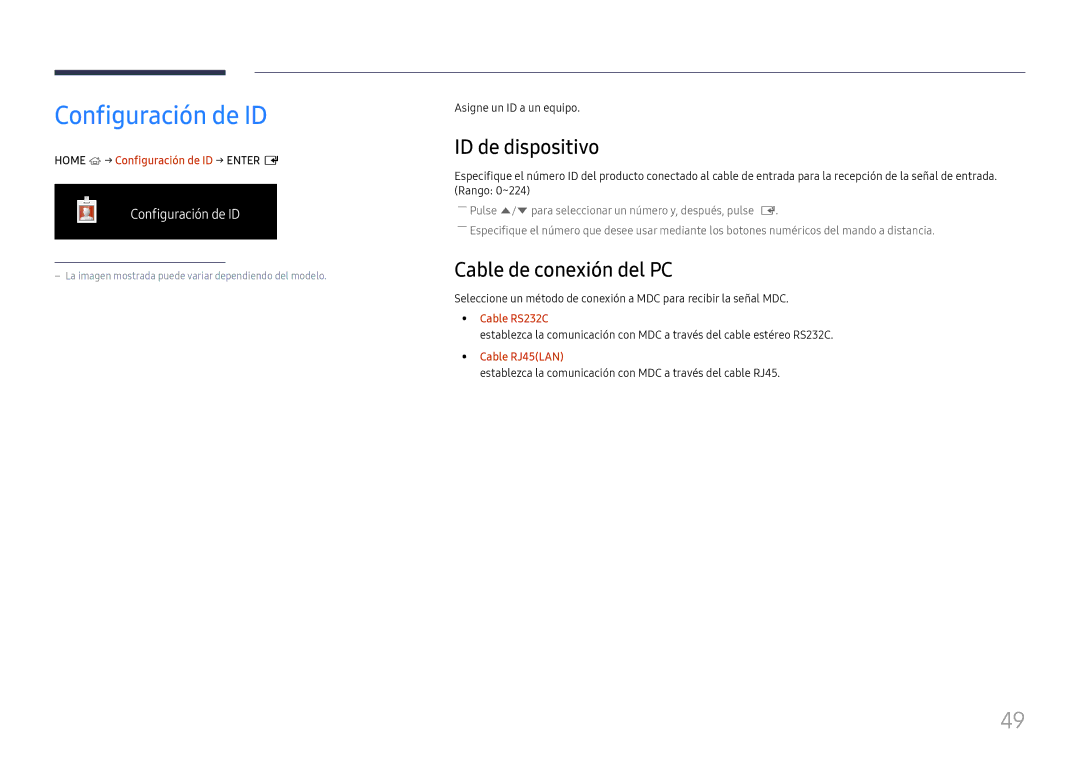 Samsung LH85OHFPLBC/EN manual Configuración de ID, ID de dispositivo, Cable de conexión del PC 