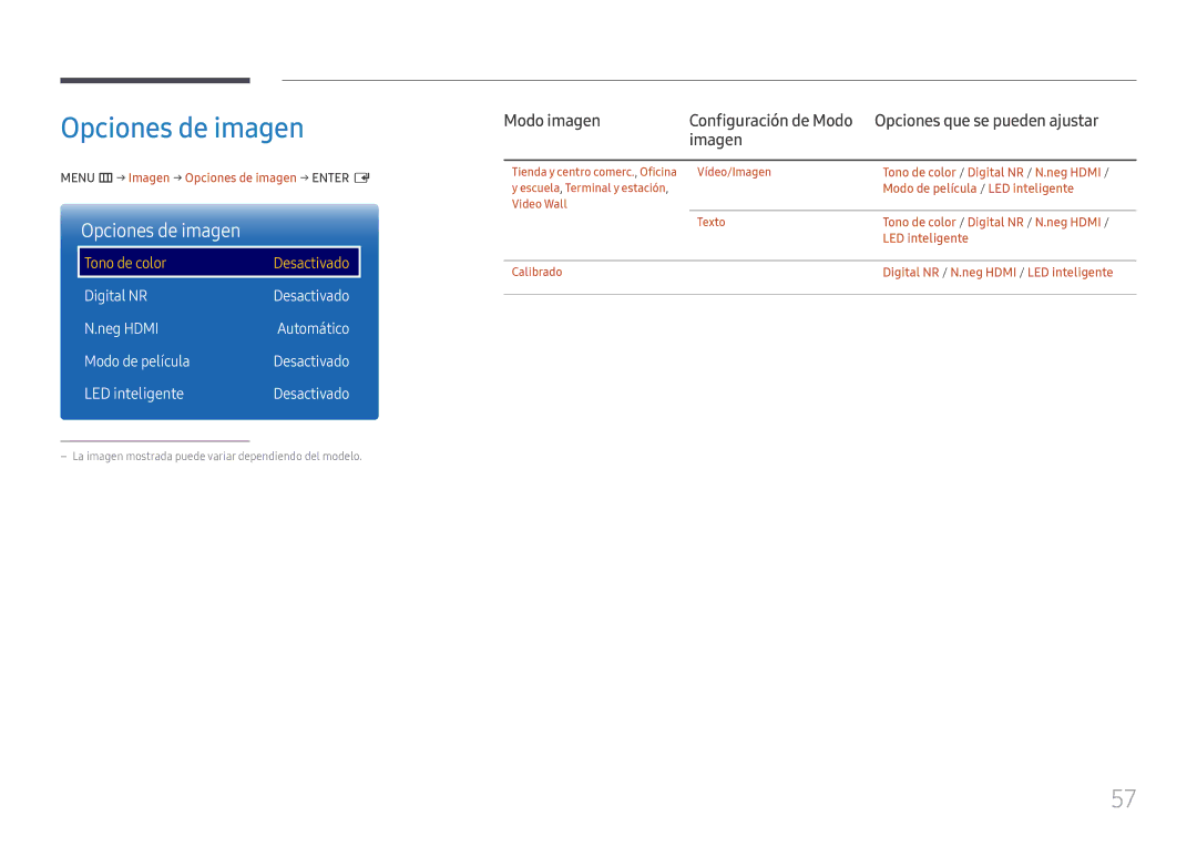 Samsung LH85OHFPLBC/EN manual Opciones de imagen, Modo imagen, Opciones que se pueden ajustar 