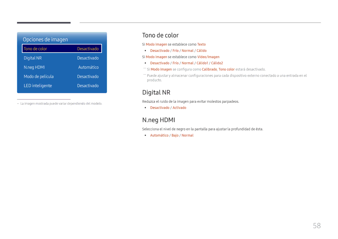 Samsung LH85OHFPLBC/EN manual Tono de color, Digital NR, Neg Hdmi, Si Modo imagen se establece como Texto 