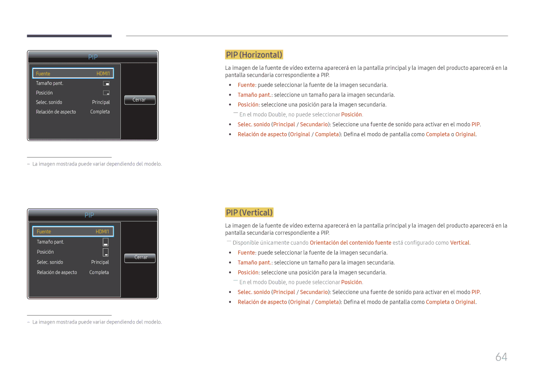 Samsung LH85OHFPLBC/EN manual PIP Horizontal, PIP Vertical 