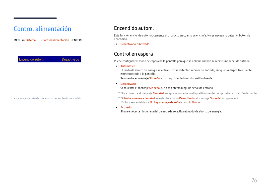 Samsung LH85OHFPLBC/EN manual Control alimentación, Encendido autom, Control en espera 