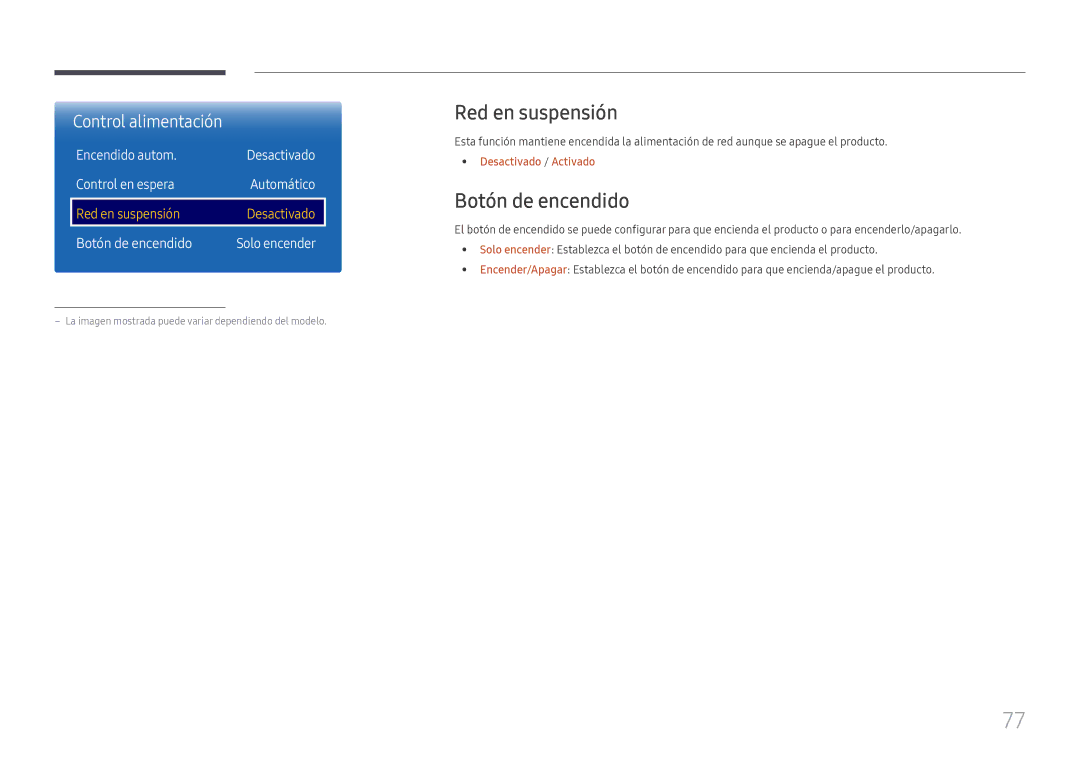 Samsung LH85OHFPLBC/EN Red en suspensión, Botón de encendido, Encendido autom Desactivado Control en espera Automático 