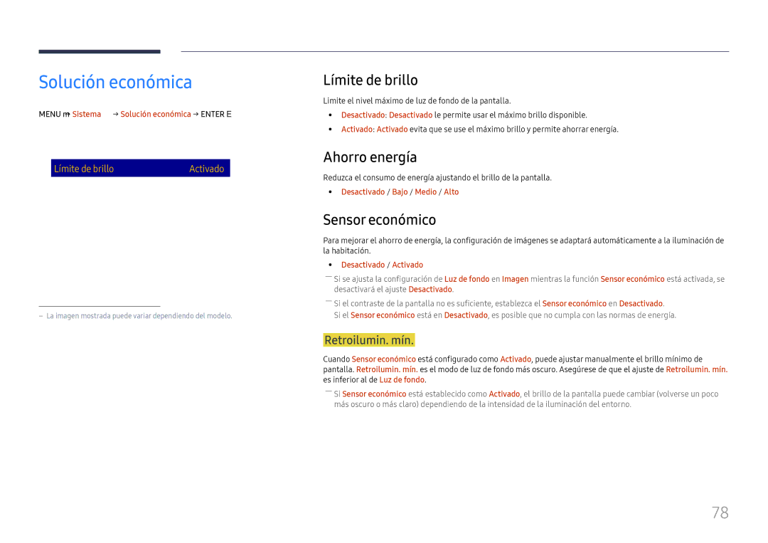 Samsung LH85OHFPLBC/EN manual Solución económica, Límite de brillo, Ahorro energía, Sensor económico 