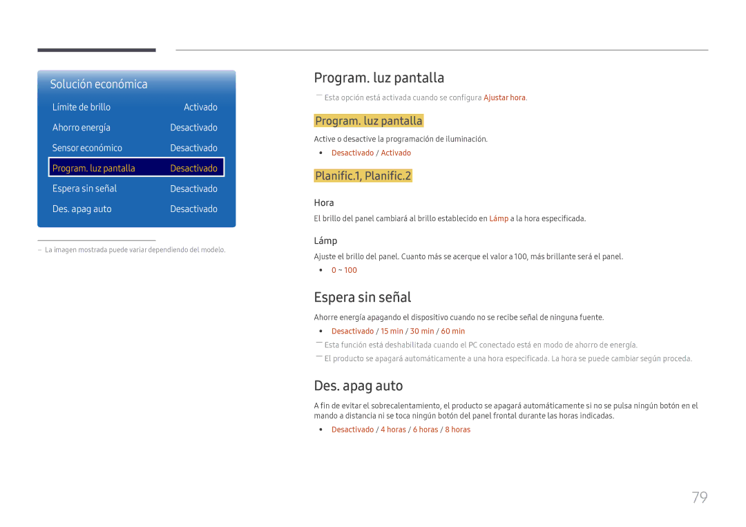 Samsung LH85OHFPLBC/EN manual Program. luz pantalla, Espera sin señal, Des. apag auto, Planific.1, Planific.2 