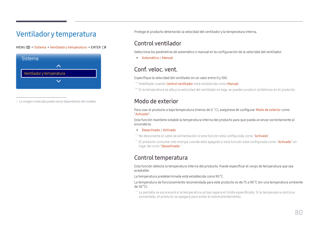 Samsung LH85OHFPLBC/EN manual Ventiladory temperatura, Control ventilador, Conf. veloc. vent, Modo de exterior 