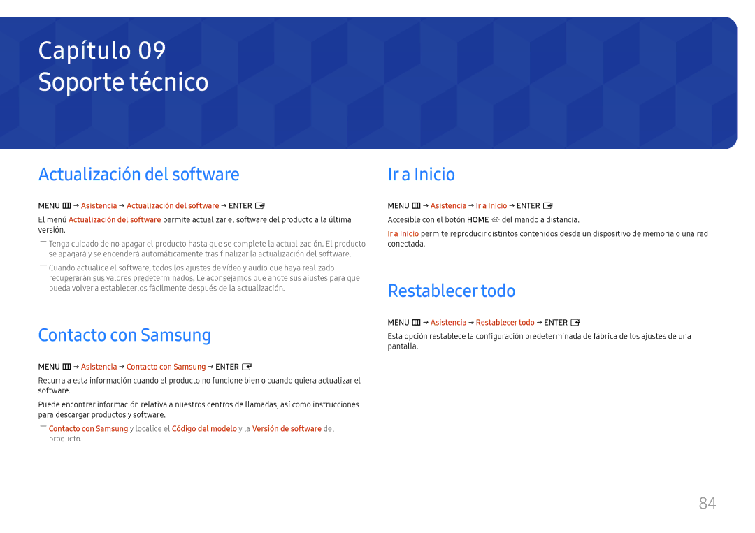 Samsung LH85OHFPLBC/EN Soporte técnico, Actualización del software, Contacto con Samsung, Ir a Inicio, Restablecer todo 