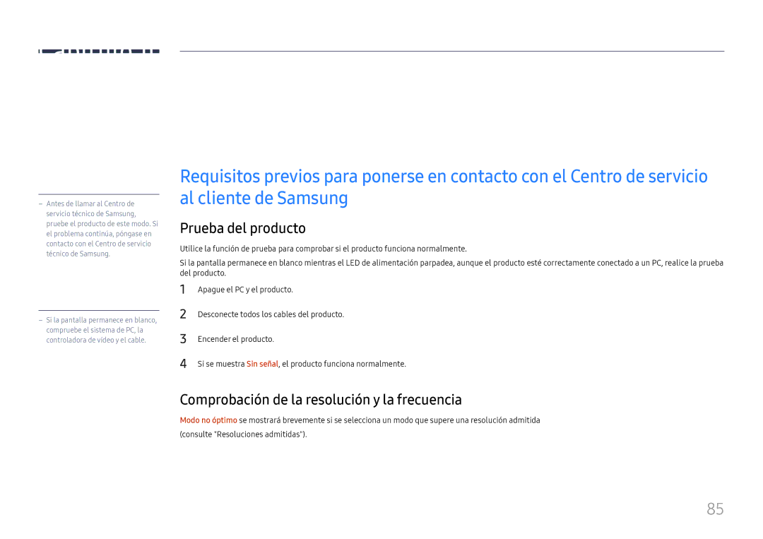 Samsung LH85OHFPLBC/EN manual Solución de problemas, Prueba del producto, Comprobación de la resolución y la frecuencia 