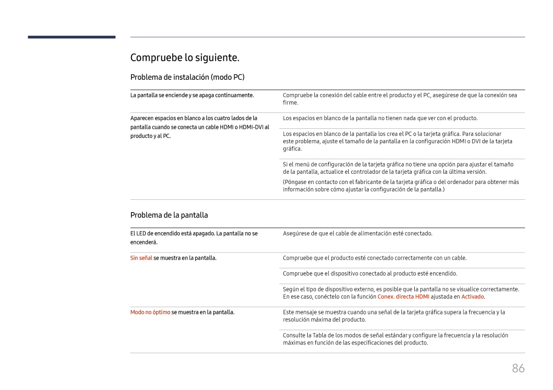 Samsung LH85OHFPLBC/EN manual Compruebe lo siguiente, Problema de instalación modo PC, Problema de la pantalla 