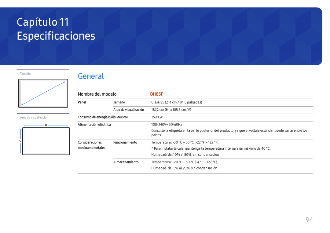 Samsung LH85OHFPLBC/EN manual Especificaciones, Nombre del modelo 