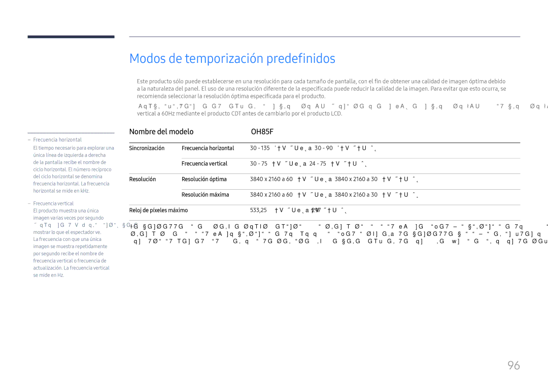 Samsung LH85OHFPLBC/EN manual Modos de temporización predefinidos, Frecuencia horizontal 