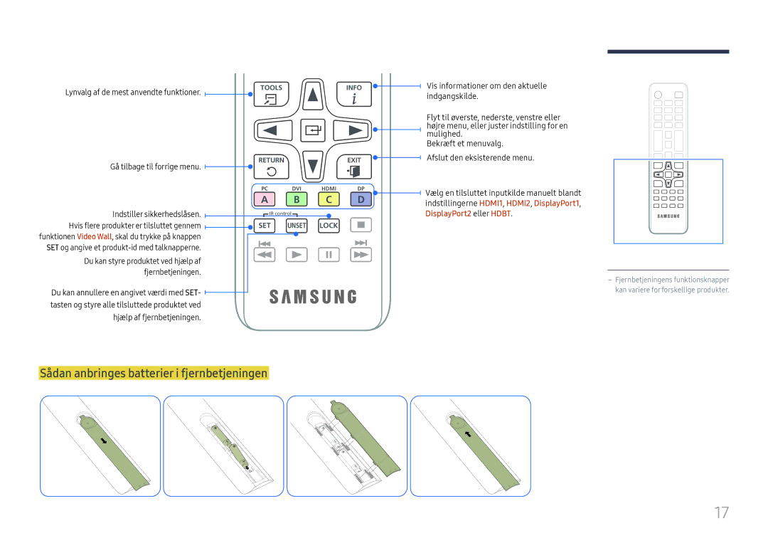 Samsung LH85OHFPLBC/EN manual Sådan anbringes batterier i fjernbetjeningen, Lynvalg af de mest anvendte funktioner 