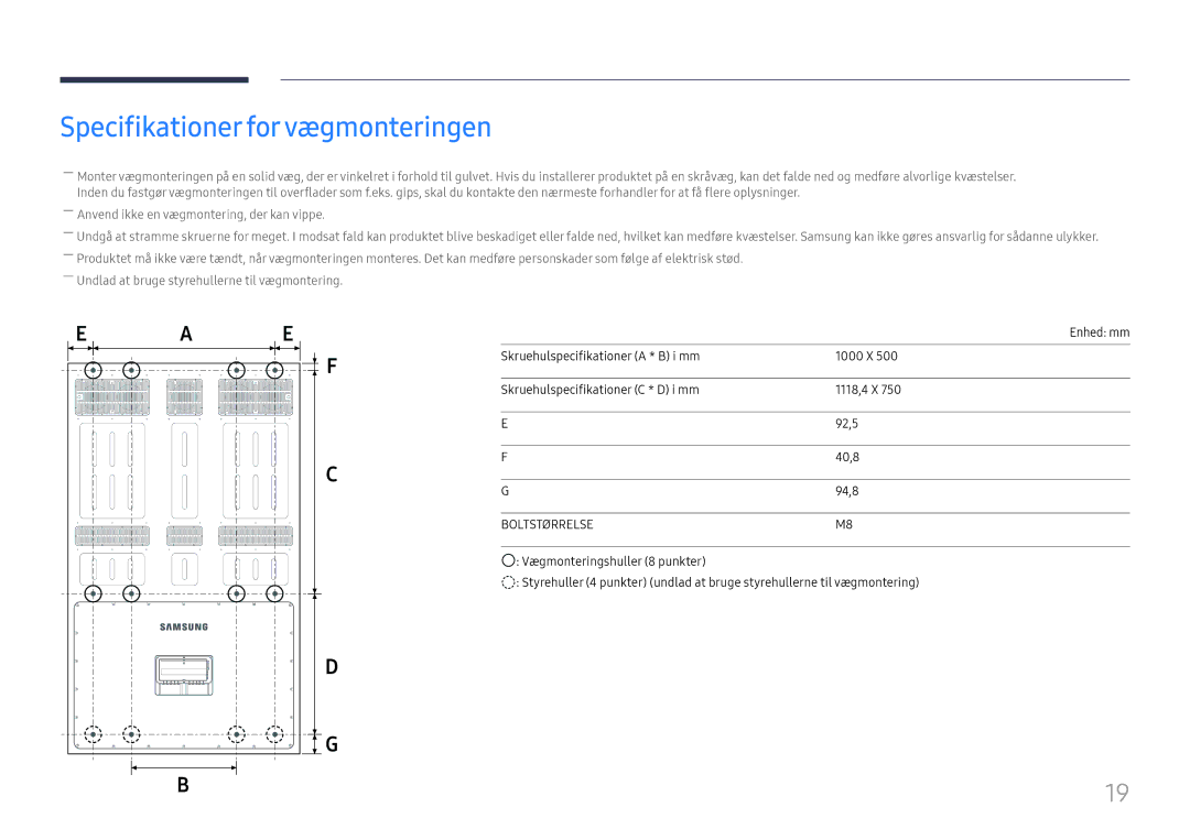 Samsung LH85OHFPLBC/EN manual Specifikationer forvægmonteringen, Boltstørrelse 