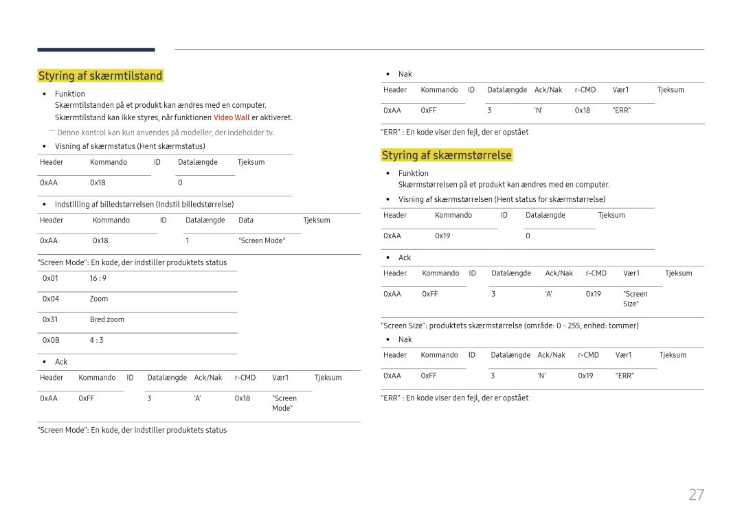 Samsung LH85OHFPLBC/EN manual Styring af skærmtilstand, Funktion 