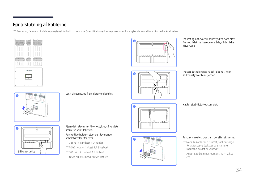 Samsung LH85OHFPLBC/EN manual Før tilslutning af kablerne 