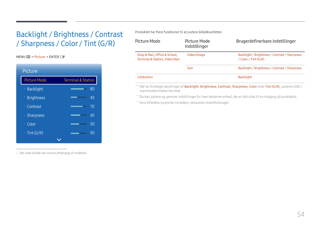 Samsung LH85OHFPLBC/EN manual Picture Mode Brugerdefinerbare indstillinger Indstillinger, Menu m → Picture → Enter E 