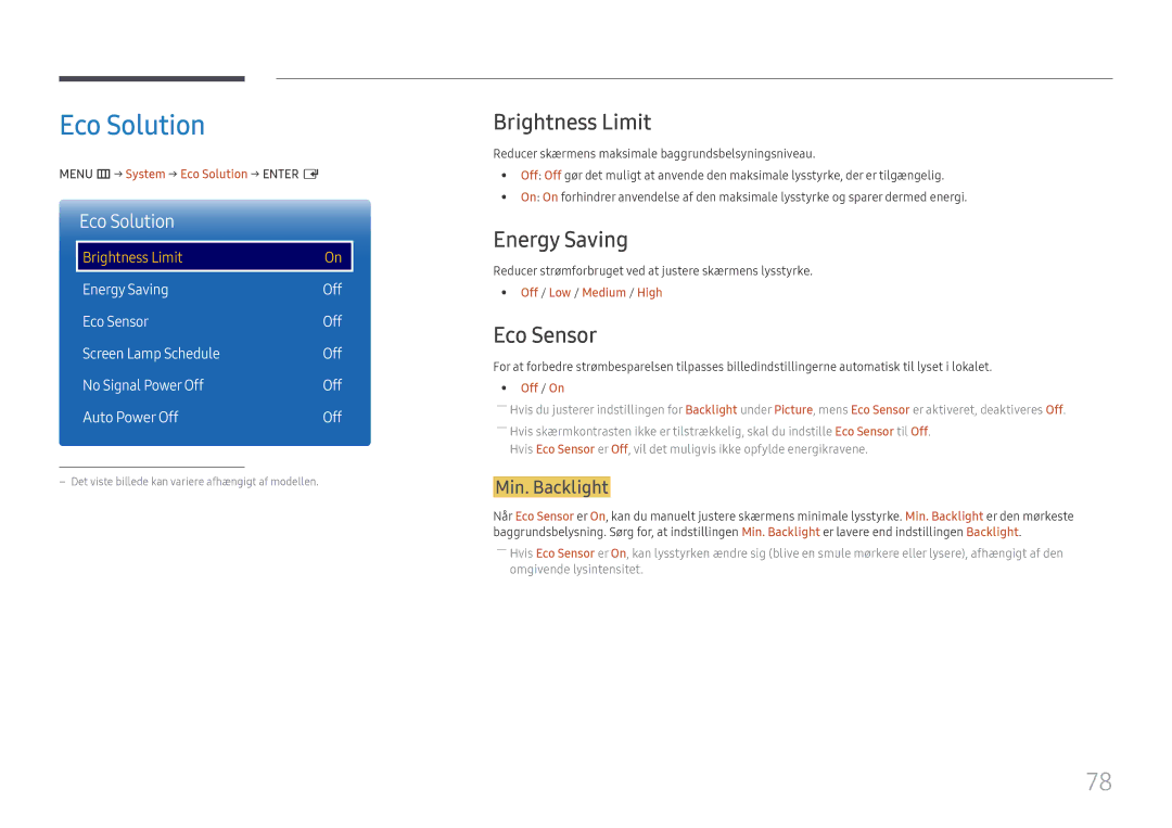 Samsung LH85OHFPLBC/EN manual Eco Solution, Brightness Limit, Energy Saving, Eco Sensor 