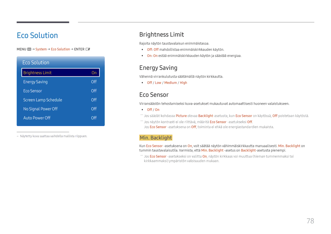 Samsung LH85OHFPLBC/EN manual Eco Solution, Brightness Limit, Energy Saving, Eco Sensor 