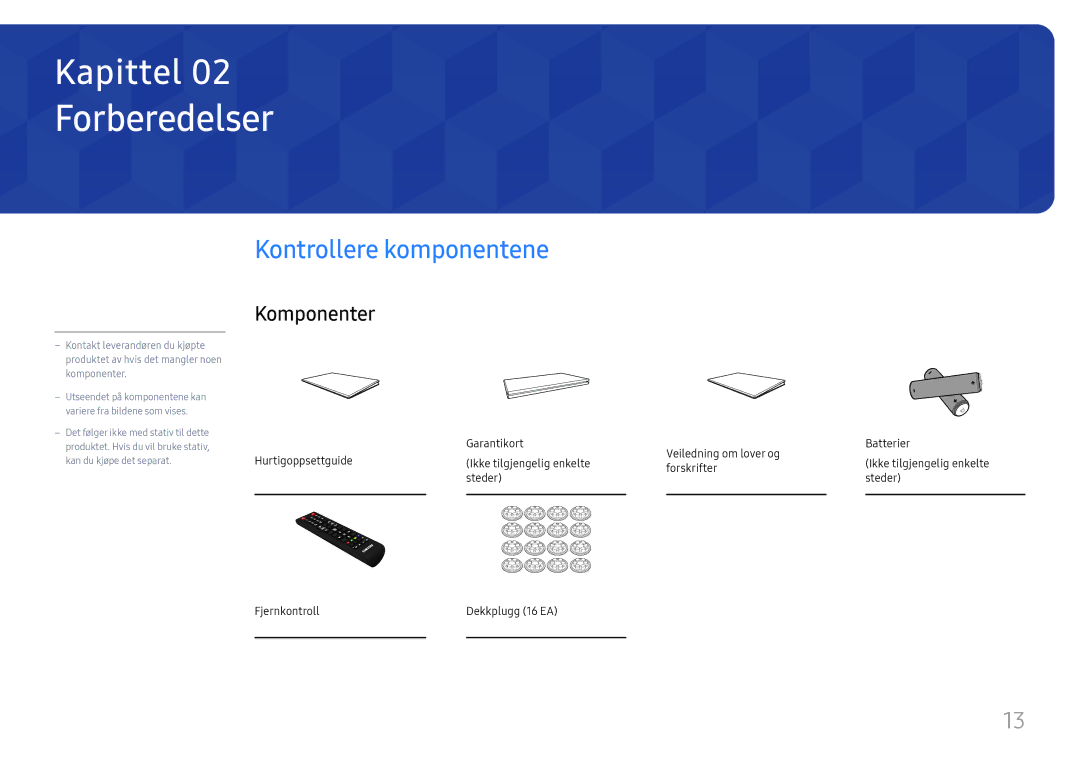 Samsung LH85OHFPLBC/EN manual Forberedelser, Kontrollere komponentene, Komponenter 