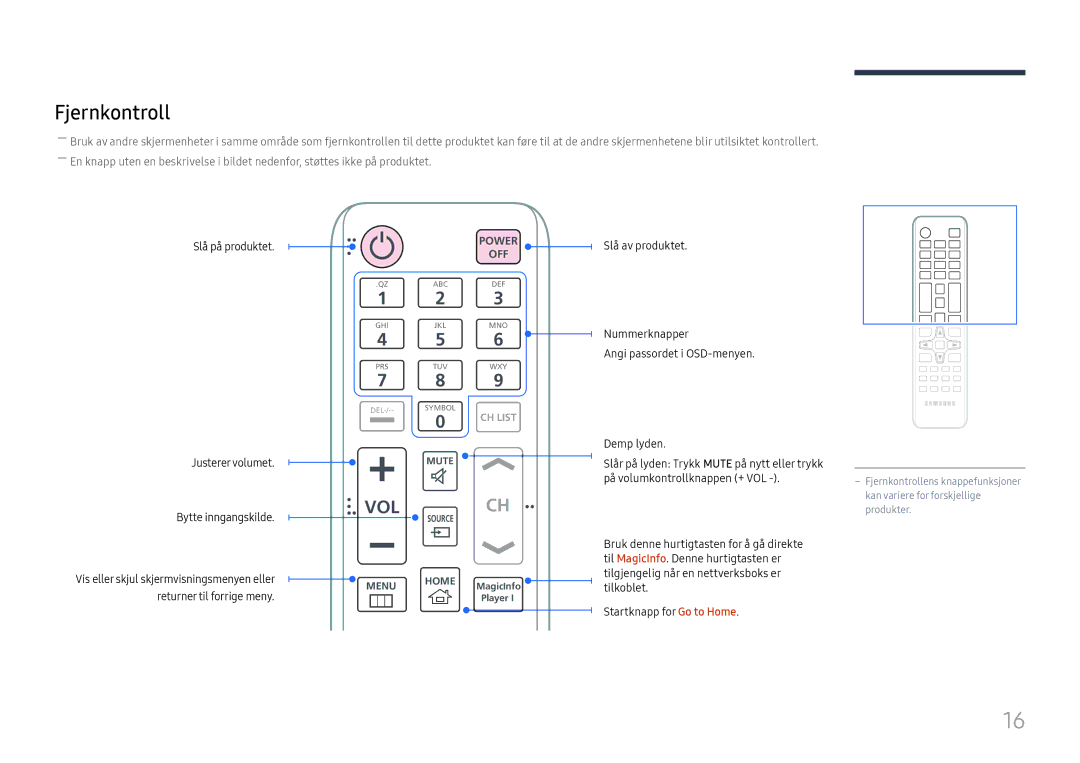 Samsung LH85OHFPLBC/EN manual Fjernkontroll, Vol 