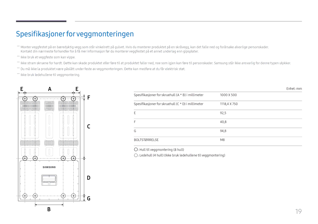 Samsung LH85OHFPLBC/EN manual Spesifikasjoner for veggmonteringen 