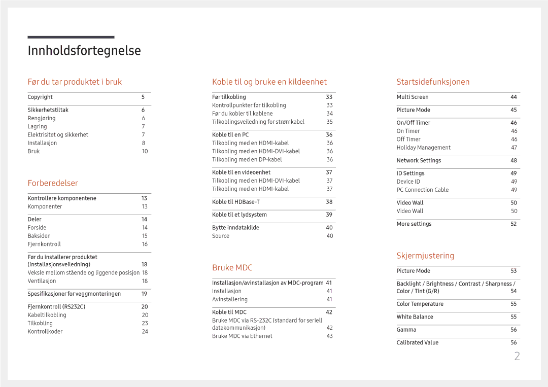 Samsung LH85OHFPLBC/EN manual Innholdsfortegnelse 