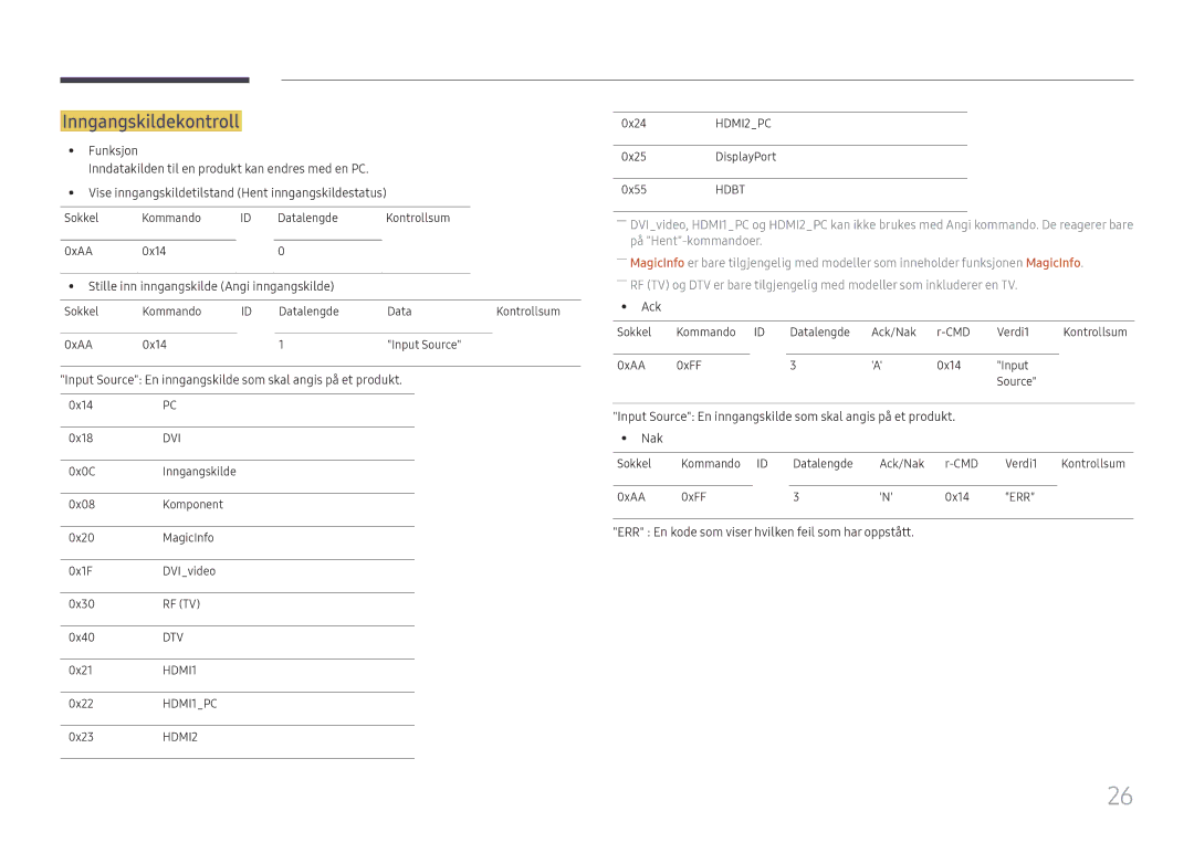 Samsung LH85OHFPLBC/EN manual Inngangskildekontroll, Input Source En inngangskilde som skal angis på et produkt 