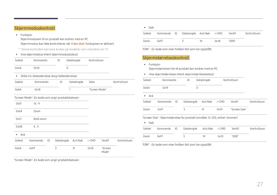 Samsung LH85OHFPLBC/EN manual Skjermmoduskontroll, Skjermstørrelseskontroll 