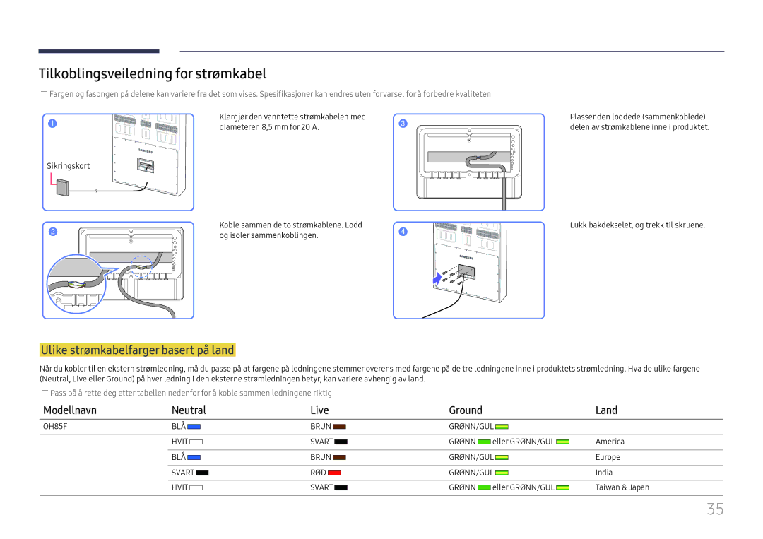 Samsung LH85OHFPLBC/EN manual Tilkoblingsveiledning for strømkabel, Ulike strømkabelfarger basert på land 