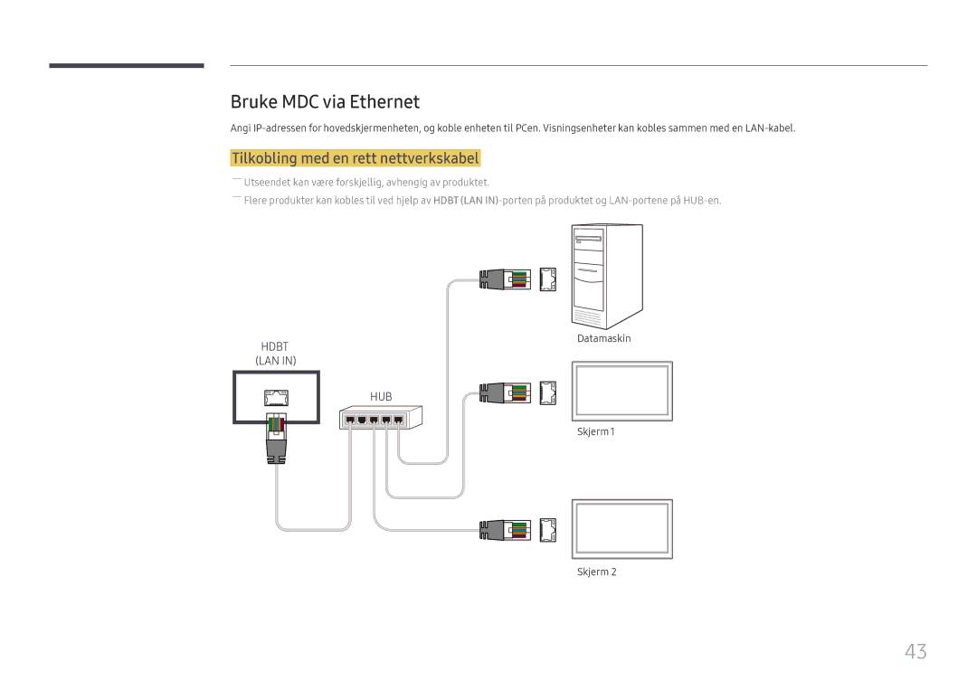 Samsung LH85OHFPLBC/EN manual Bruke MDC via Ethernet, Tilkobling med en rett nettverkskabel 