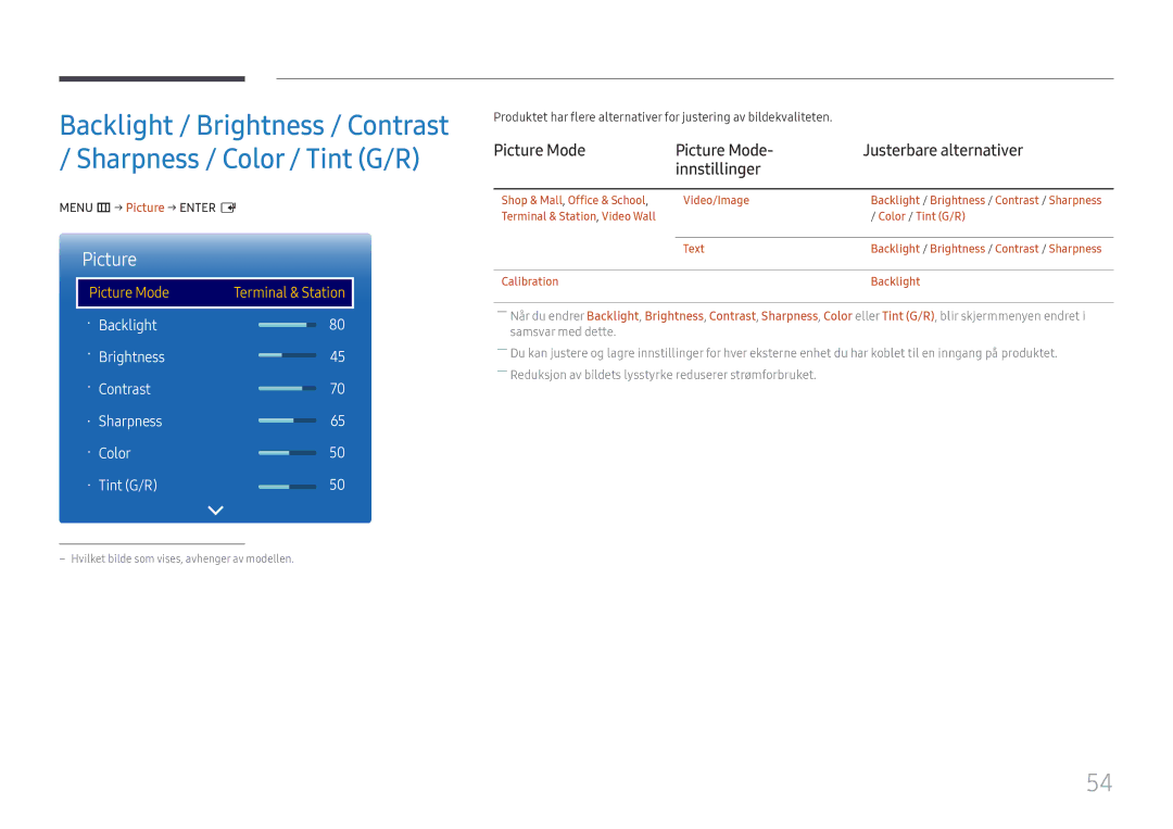 Samsung LH85OHFPLBC/EN manual Picture Mode Justerbare alternativer Innstillinger, Menu m → Picture → Enter E 