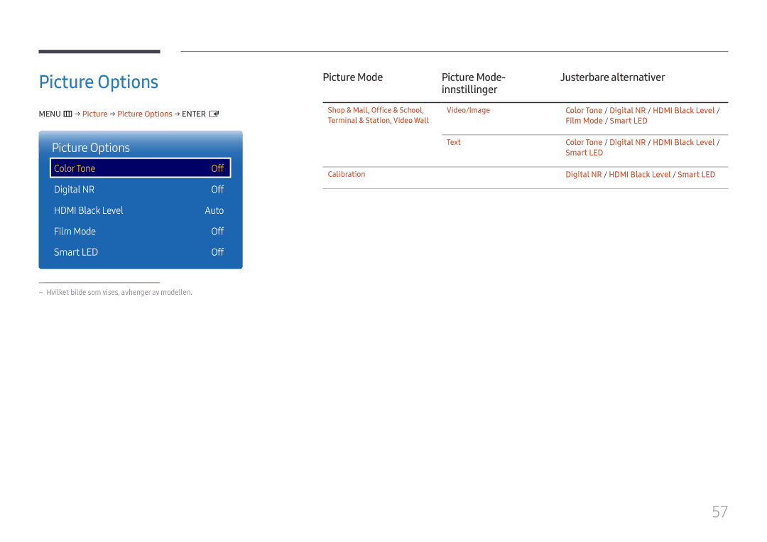 Samsung LH85OHFPLBC/EN manual Picture Options, Digital NR Off Hdmi Black Level, Film Mode Off Smart LED 