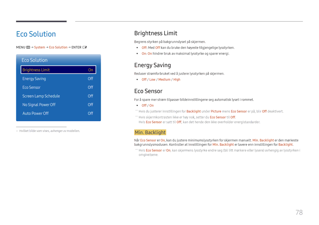 Samsung LH85OHFPLBC/EN manual Eco Solution, Brightness Limit, Energy Saving, Eco Sensor 