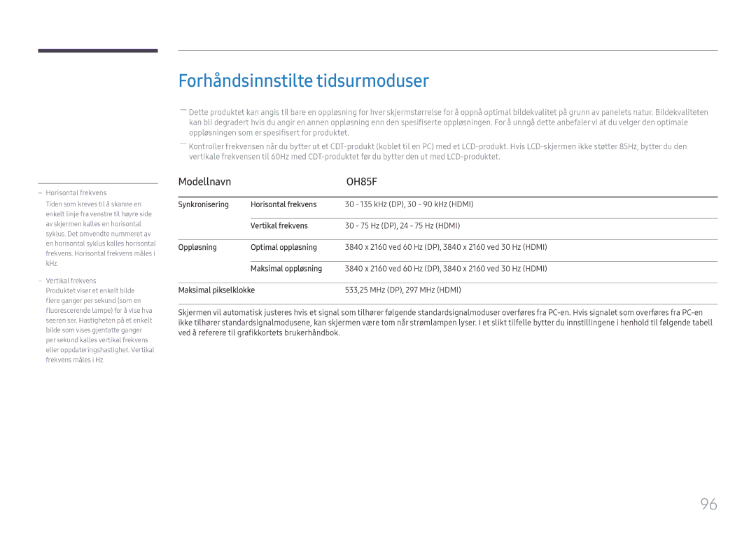 Samsung LH85OHFPLBC/EN manual Forhåndsinnstilte tidsurmoduser, OH85F 