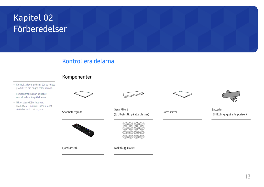 Samsung LH85OHFPLBC/EN manual Förberedelser, Kontrollera delarna, Komponenter 