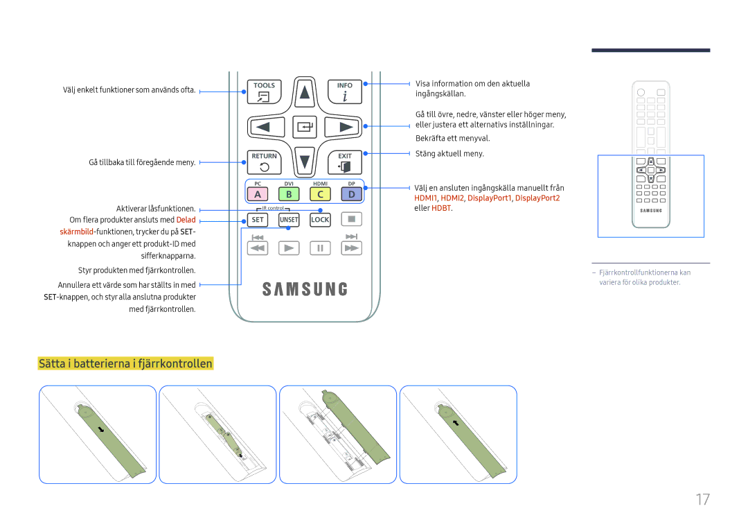 Samsung LH85OHFPLBC/EN manual Sätta i batterierna i fjärrkontrollen, Välj enkelt funktioner som används ofta 