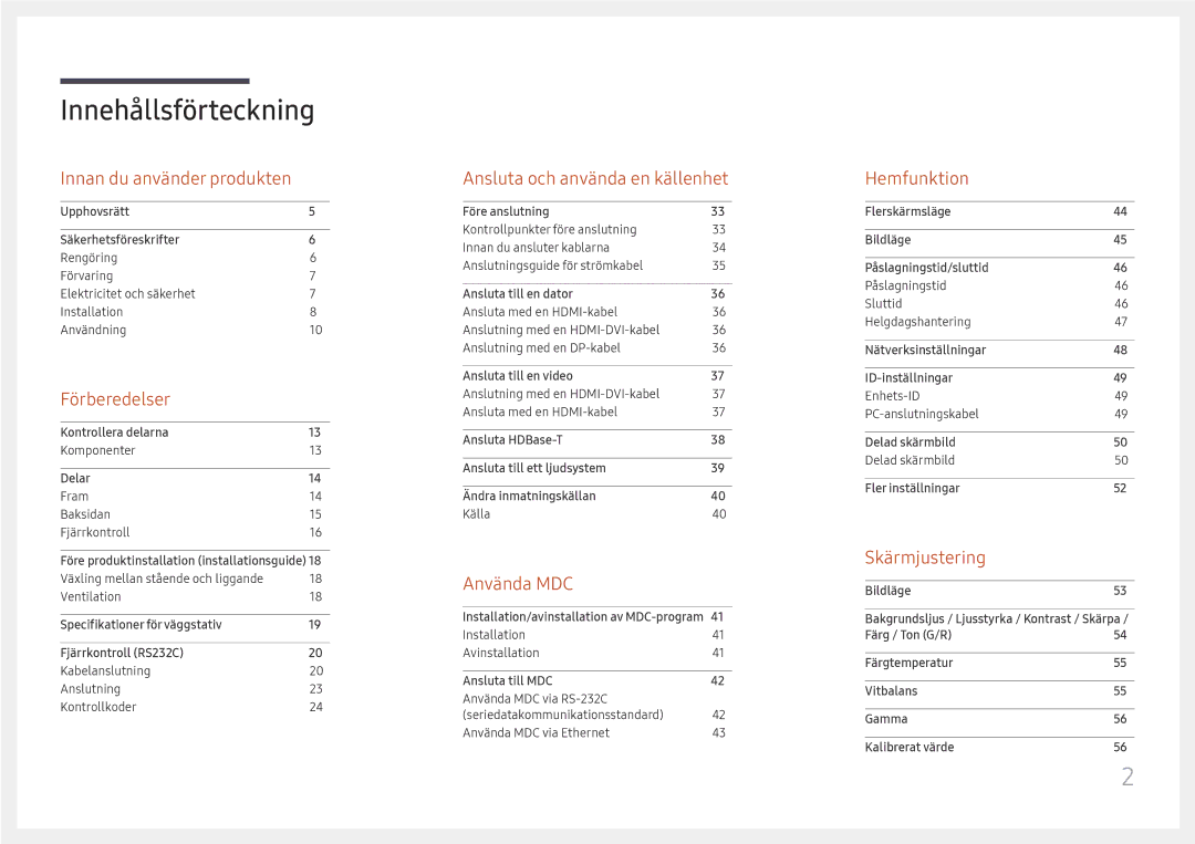 Samsung LH85OHFPLBC/EN manual Innehållsförteckning 