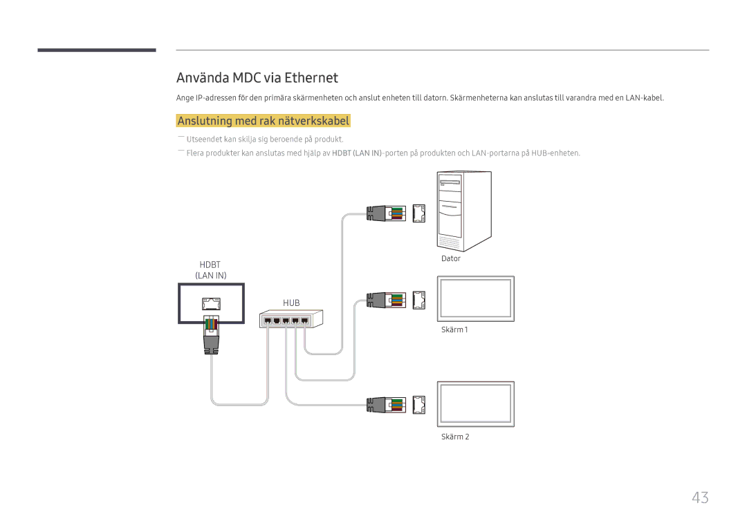 Samsung LH85OHFPLBC/EN manual Använda MDC via Ethernet, Anslutning med rak nätverkskabel 