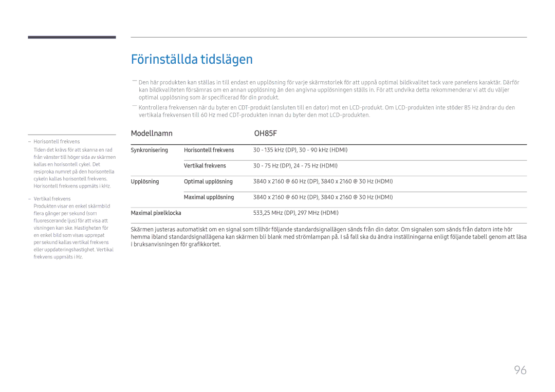 Samsung LH85OHFPLBC/EN Förinställda tidslägen, Synkronisering Horisontell frekvens, Vertikal frekvens, Maximal upplösning 