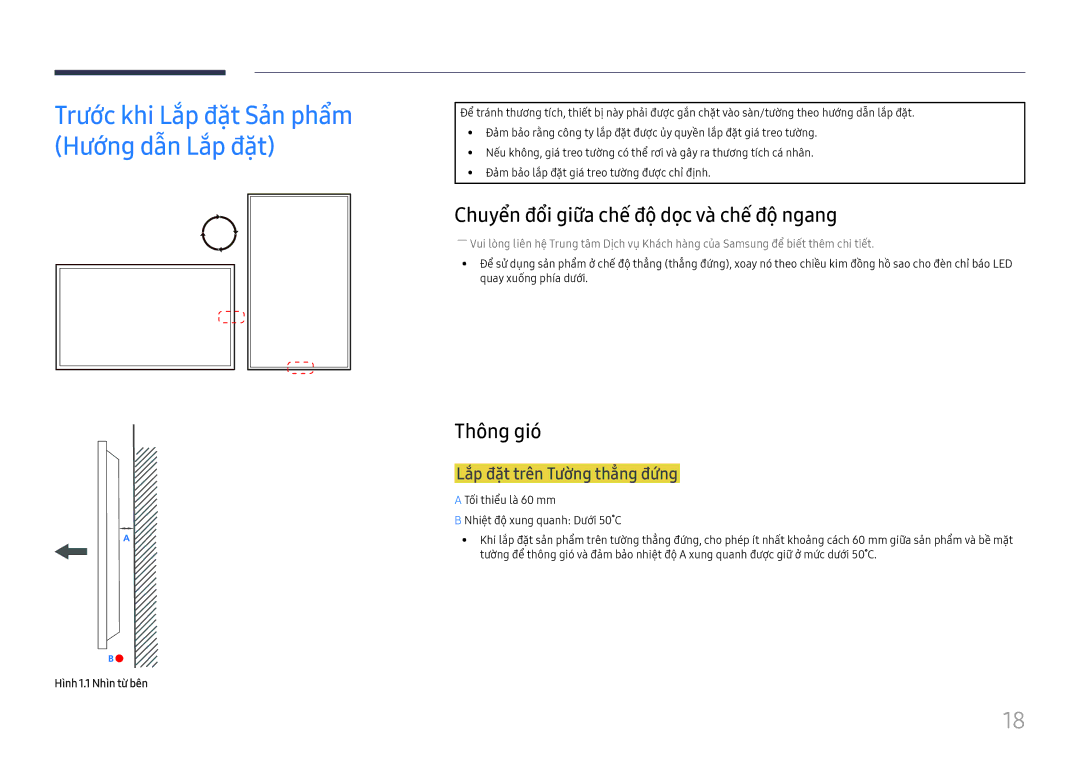 Samsung LH85OHFPLBC/XV manual Chuyển đổi giữa chế độ dọ̣c và̀ chế độ ngang, Thông gió, Lắp đặt trên Tường thẳng đứng 