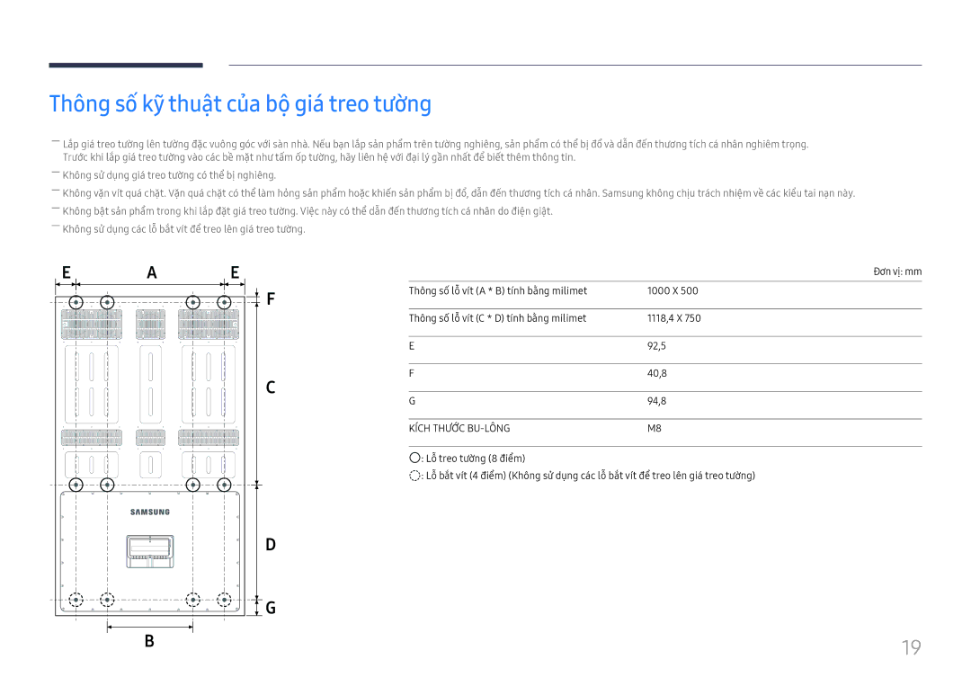 Samsung LH85OHFPLBC/XV manual Thông số kỹ thuật của bộ giá treo tường, Kích Thước BU-LÔNG 