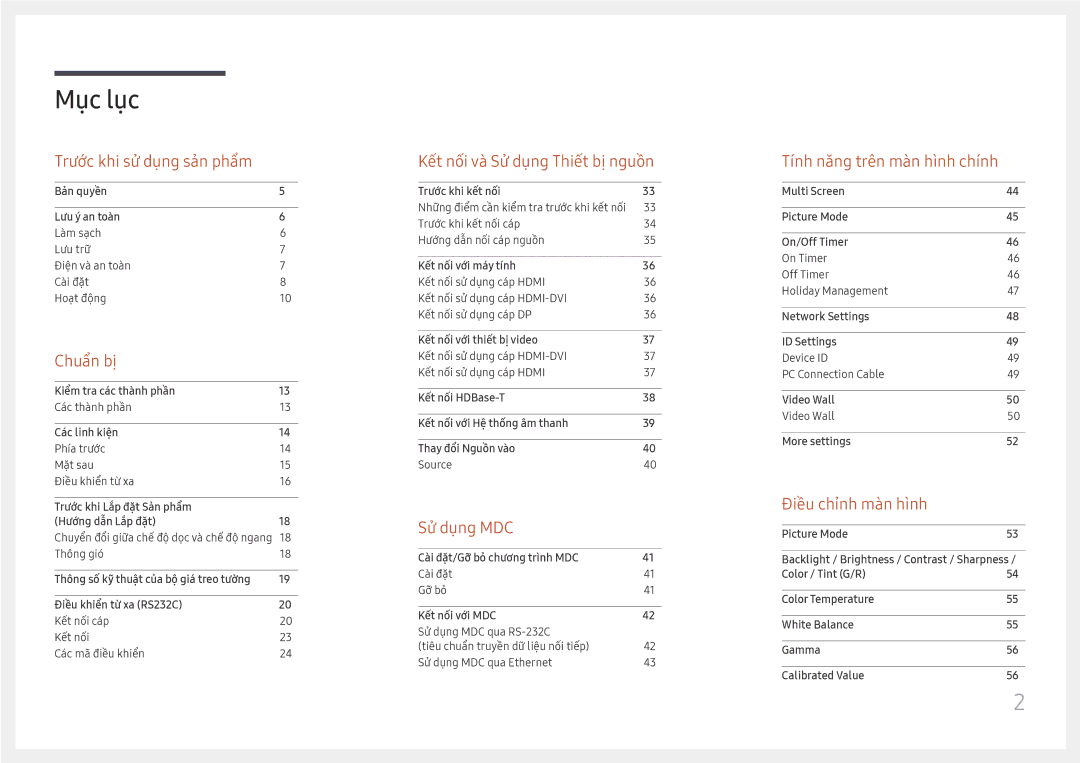 Samsung LH85OHFPLBC/XV manual Mục lục 