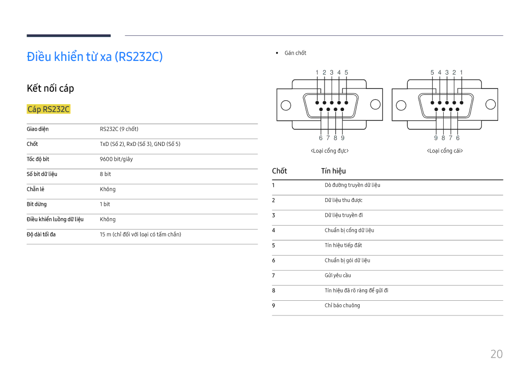 Samsung LH85OHFPLBC/XV manual Điều khiên từ xa RS232C, Kết nối cáp, Cap RS232C, Chốt Tí́n hiệu 