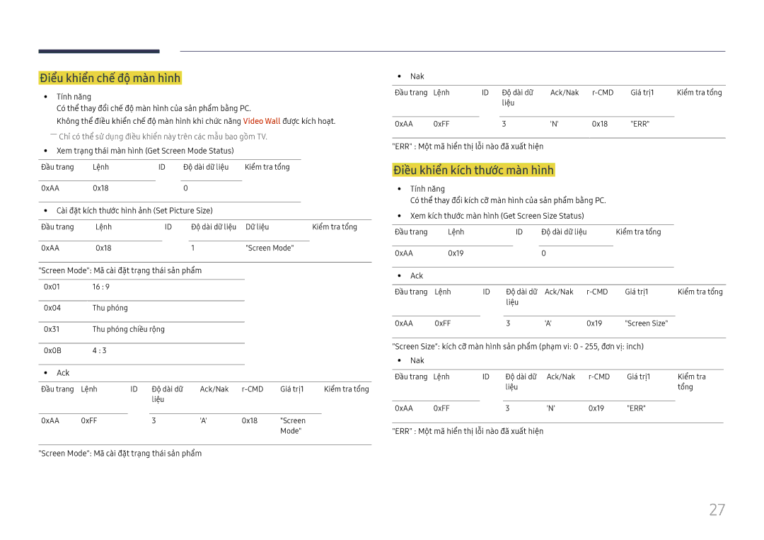 Samsung LH85OHFPLBC/XV manual Điểu khiển chế độ mà̀n hì̀nh, Điề̀u khiển kích thươc màn hình 