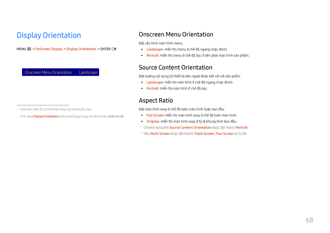 Samsung LH85OHFPLBC/XV manual Display Orientation, Onscreen Menu Orientation, Source Content Orientation, Aspect Ratio 